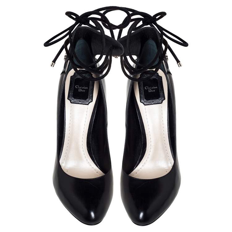 Pre Owned Dior Black Leather Stellar Block Heel Ankle Tie Pumps Size 39.5 