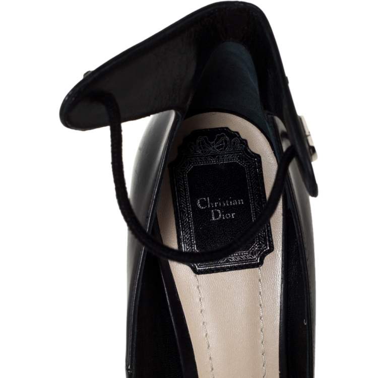 Pre Owned Dior Black Leather Stellar Block Heel Ankle Tie Pumps Size 39.5 