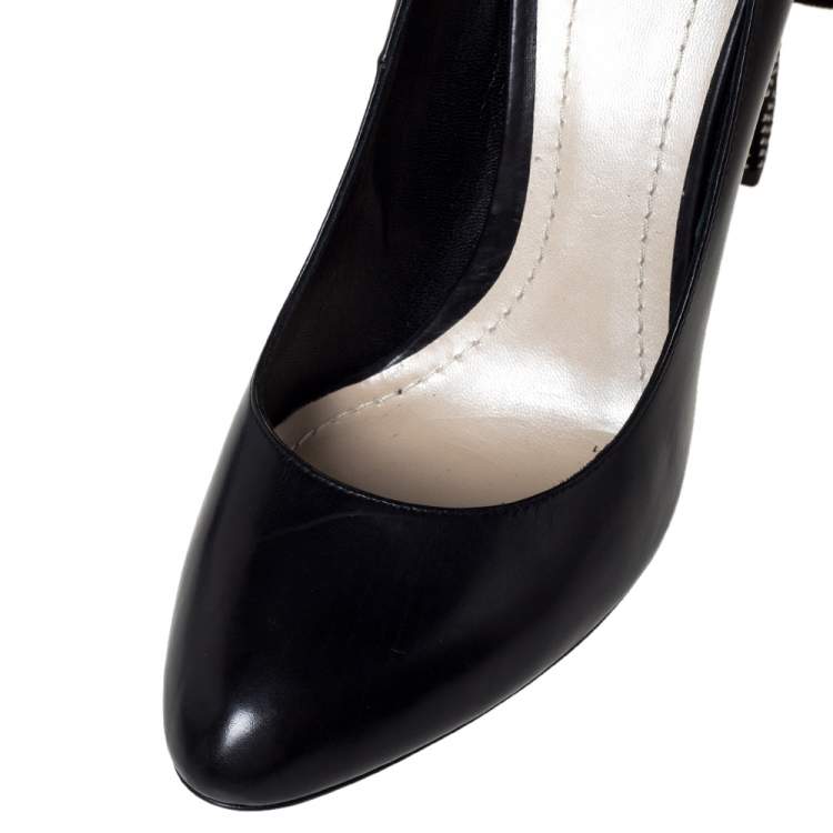 Pre Owned Dior Black Leather Stellar Block Heel Ankle Tie Pumps Size 39.5 