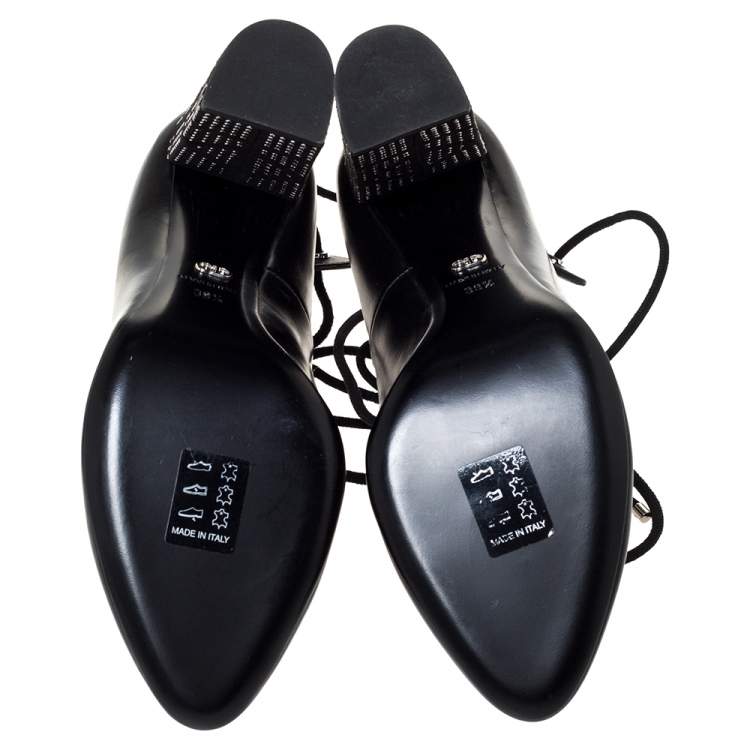 Pre Owned Dior Black Leather Stellar Block Heel Ankle Tie Pumps Size 39.5 