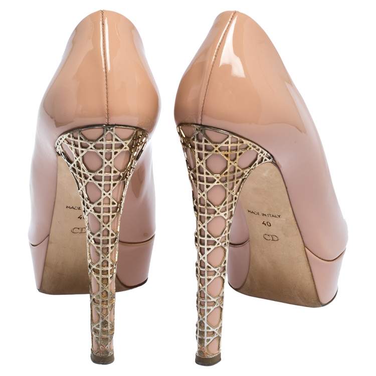 Pre Owned Dior Pink Patent Leather Metal Cannage Peep Toe Platform Pumps Size 40