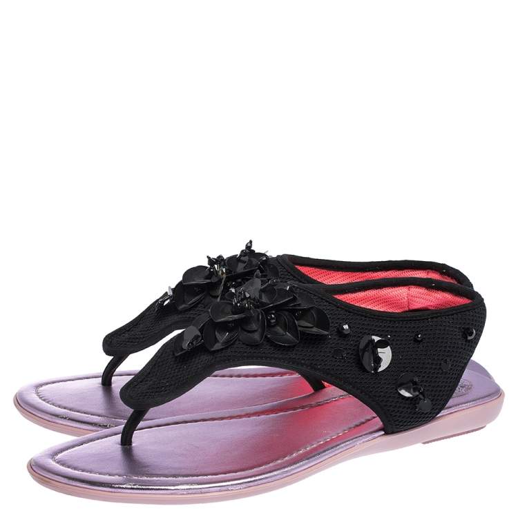 Pre Owned Dior Black Mesh Embellished Fusion Thong Flat Sandals Size 38
