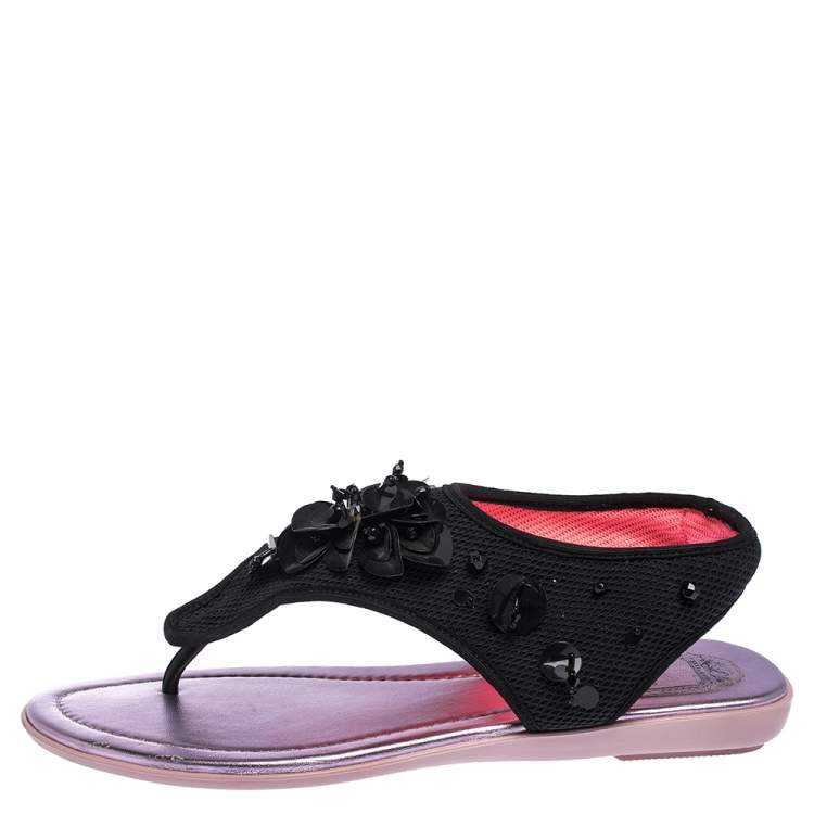 Pre Owned Dior Black Mesh Embellished Fusion Thong Flat Sandals Size 38