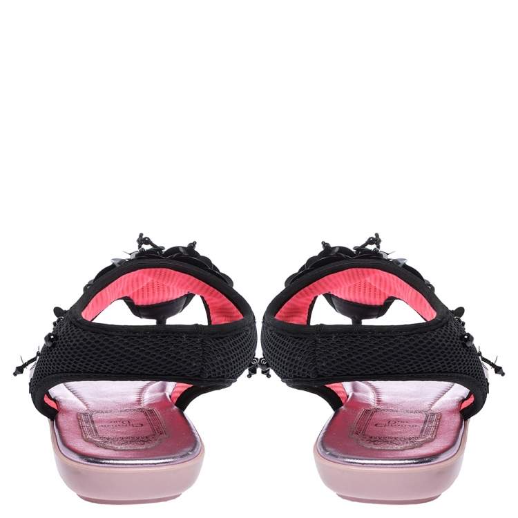 Pre Owned Dior Black Mesh Embellished Fusion Thong Flat Sandals Size 38