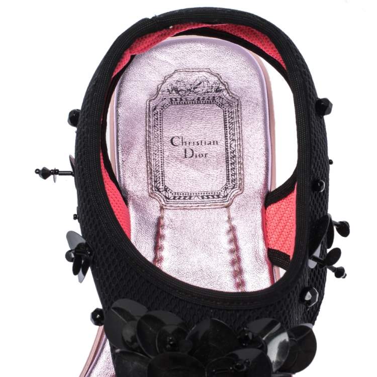 Pre Owned Dior Black Mesh Embellished Fusion Thong Flat Sandals Size 38
