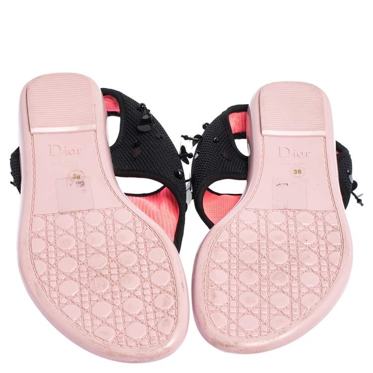 Pre Owned Dior Black Mesh Embellished Fusion Thong Flat Sandals Size 38