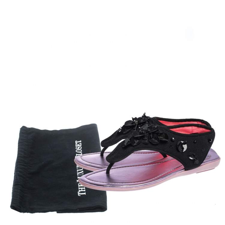 Pre Owned Dior Black Mesh Embellished Fusion Thong Flat Sandals Size 38
