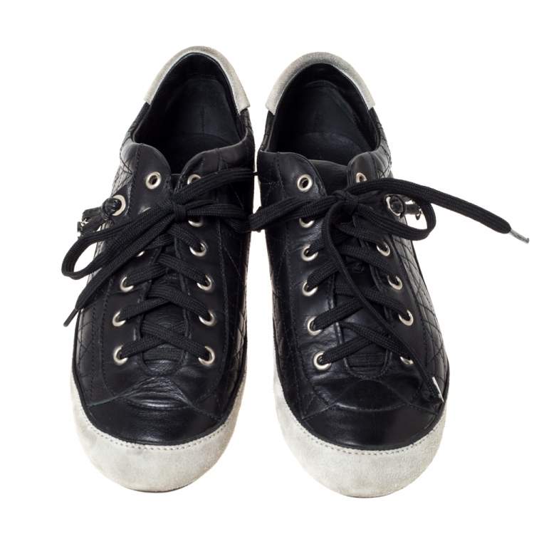 Pre Owned Dior Black/Offwhite Leather and Suede Cannage Lace Up Sneakers Size 39.5