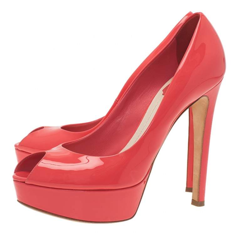 Pre Owned Dior Coral Pink Patent Leather Peep Toe Platform Pumps Size 38