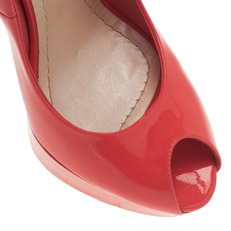 Pre Owned Dior Coral Pink Patent Leather Peep Toe Platform Pumps Size 38