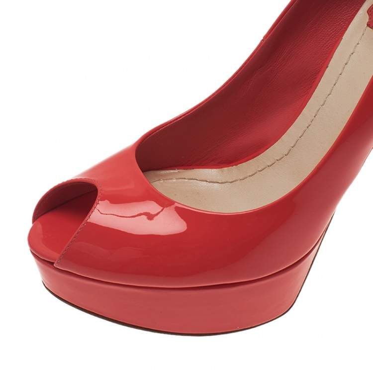 Pre Owned Dior Coral Pink Patent Leather Peep Toe Platform Pumps Size 38