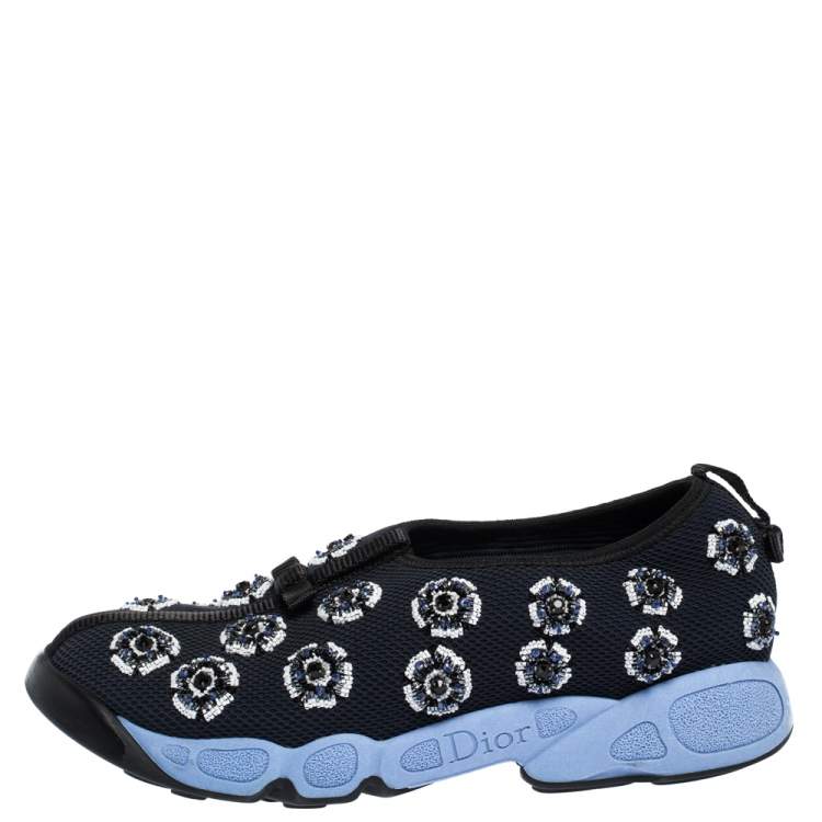 Pre Owned Dior Two Tone Blue Embellished Mesh Fusion Slip On Sneakers Size 38