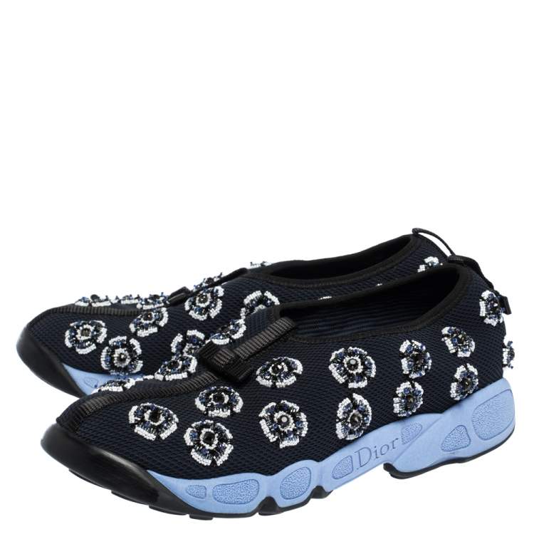 Pre Owned Dior Two Tone Blue Embellished Mesh Fusion Slip On Sneakers Size 38