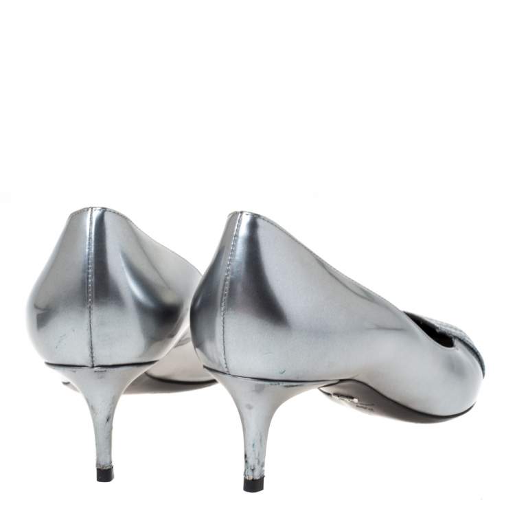 Pre Owned Dior Metallic Silver/Blue Leather Cannage Cap Toe Spade Pumps Size 40.5