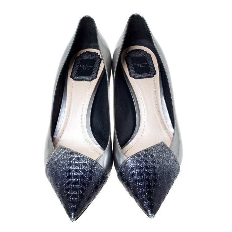 Pre Owned Dior Metallic Silver/Blue Leather Cannage Cap Toe Spade Pumps Size 40.5