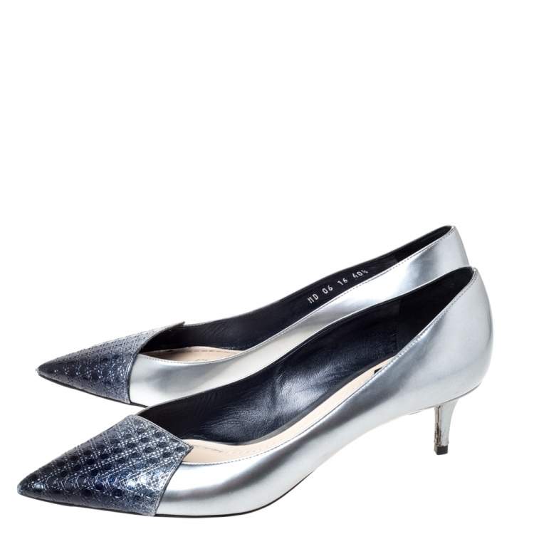 Pre Owned Dior Metallic Silver/Blue Leather Cannage Cap Toe Spade Pumps Size 40.5