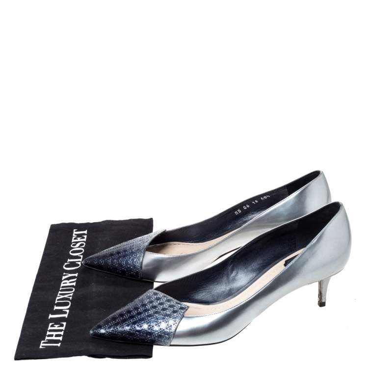 Pre Owned Dior Metallic Silver/Blue Leather Cannage Cap Toe Spade Pumps Size 40.5