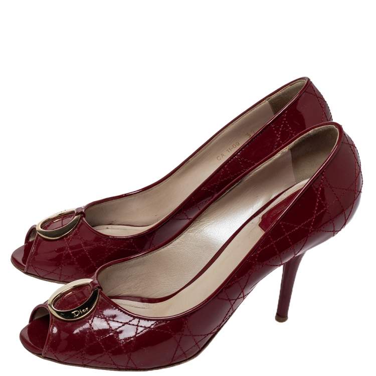 Pre Owned Dior Red Cannage Patent Leather Peep Toe Pumps Size 39