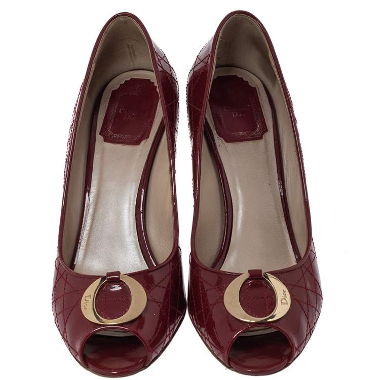 Pre Owned Dior Red Cannage Patent Leather Peep Toe Pumps Size 39