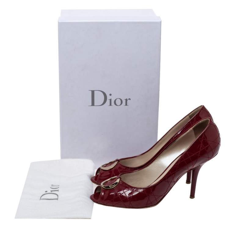 Pre Owned Dior Red Cannage Patent Leather Peep Toe Pumps Size 39