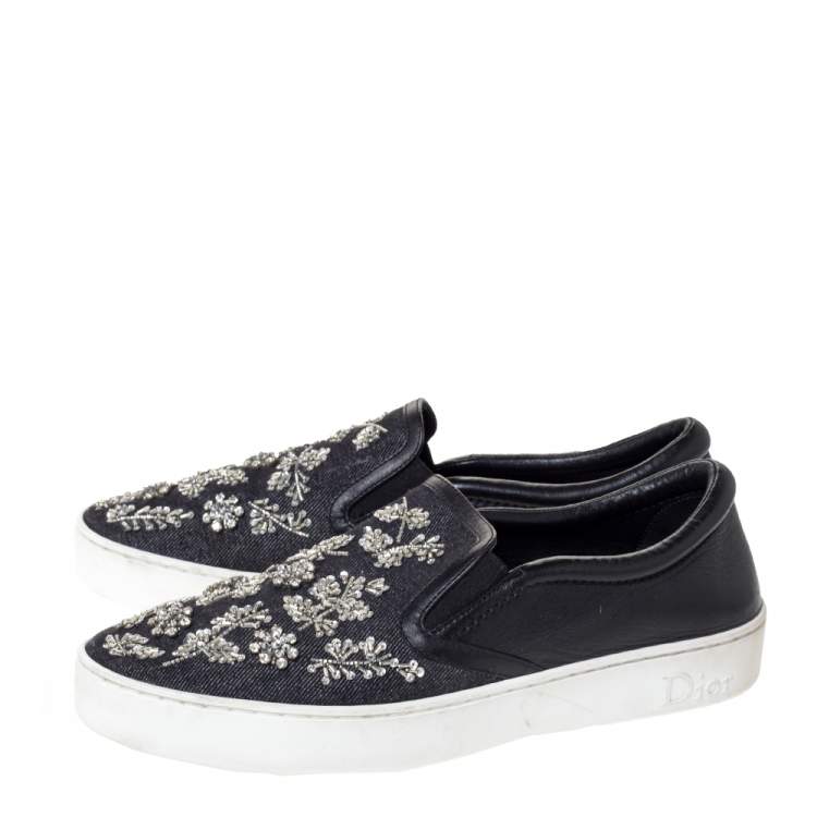 Pre Owned Dior Indigo Crystal Embellished Dark Wash Denim And Leather Happy Slip On Sneakers Size 41