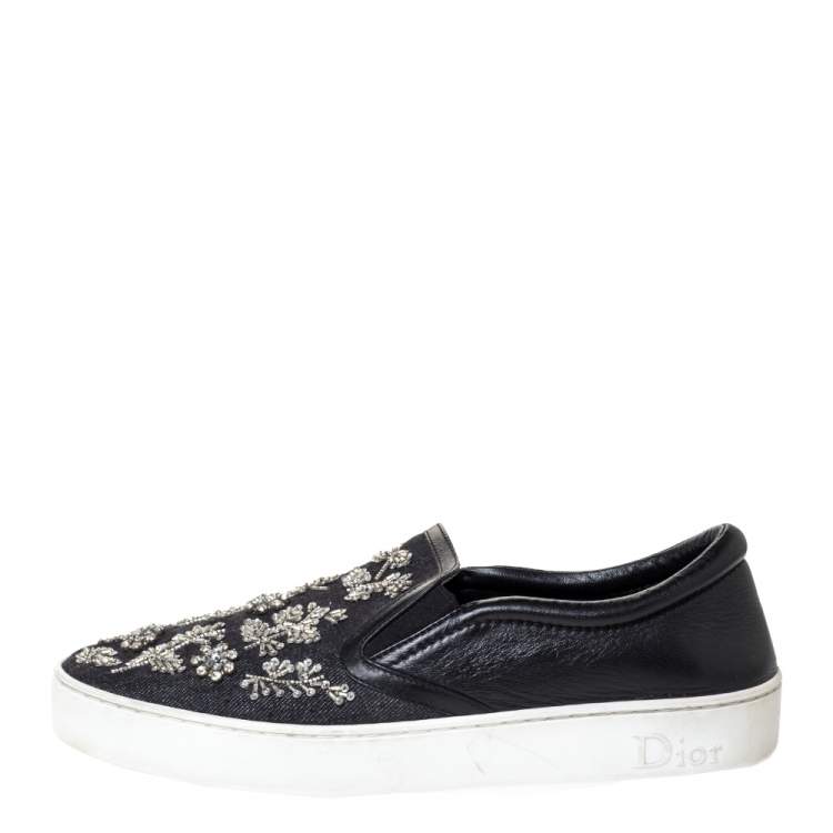 Pre Owned Dior Indigo Crystal Embellished Dark Wash Denim And Leather Happy Slip On Sneakers Size 41