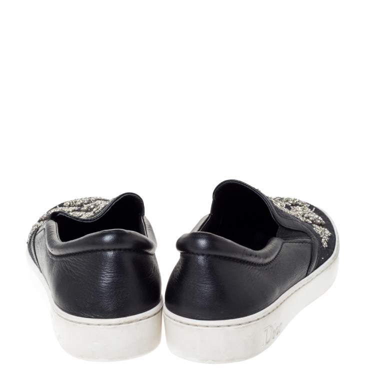 Pre Owned Dior Indigo Crystal Embellished Dark Wash Denim And Leather Happy Slip On Sneakers Size 41