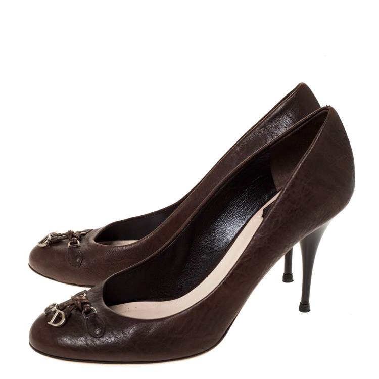 Pre Owned Dior Brown Leather CD Logo Bow Round Toe Pumps Size 38.5