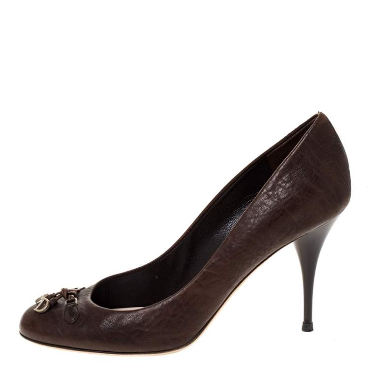 Pre Owned Dior Brown Leather CD Logo Bow Round Toe Pumps Size 38.5