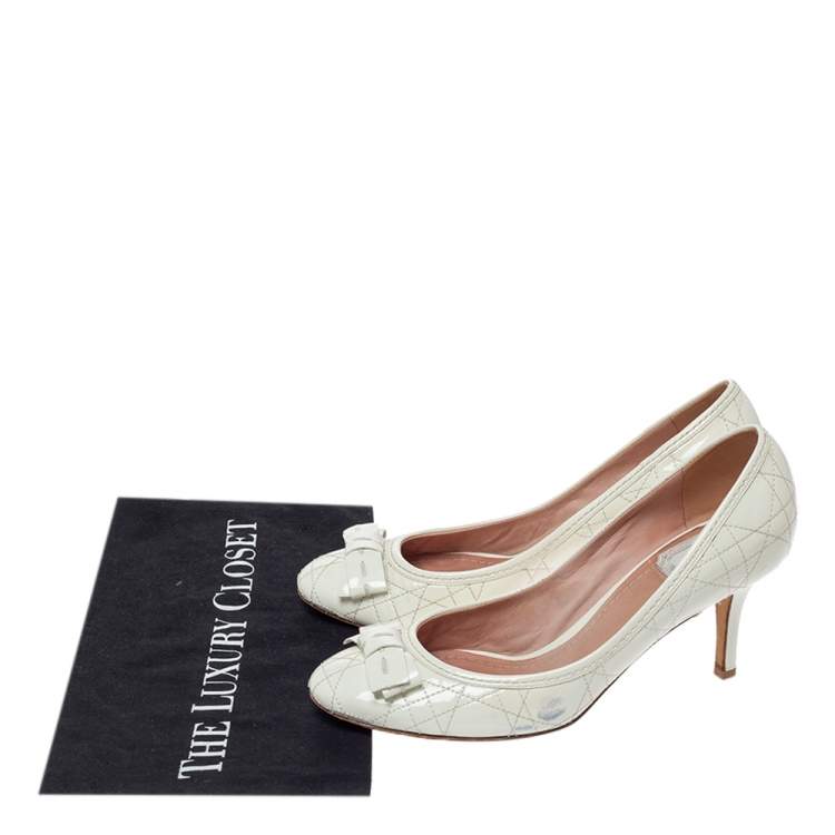 Pre Owned Dior White Cannage Patent Leather Bow Pumps Size 38