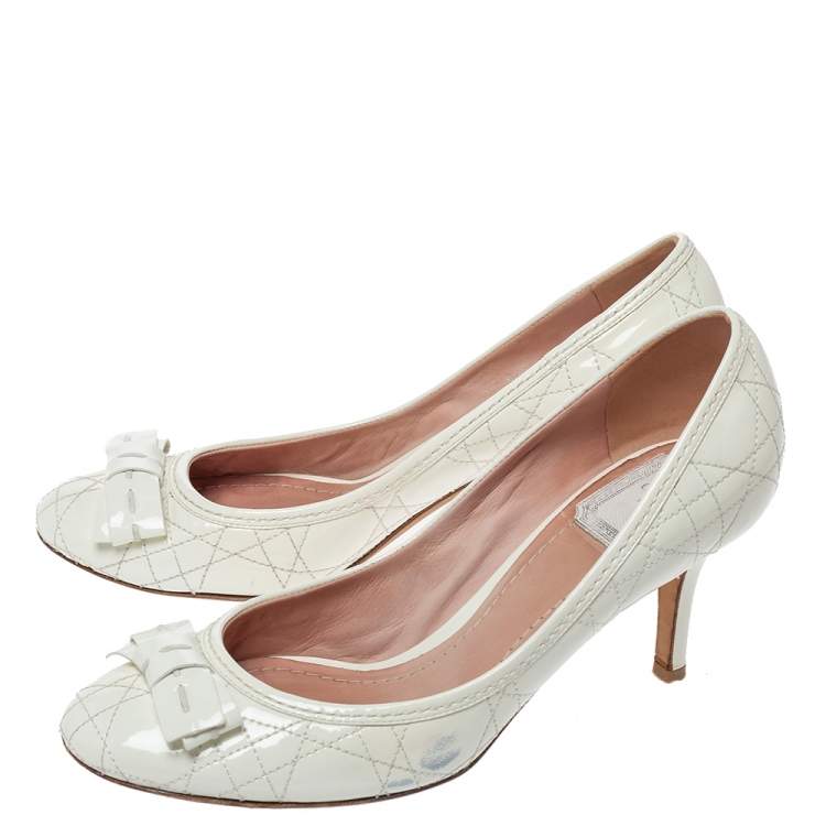 Pre Owned Dior White Cannage Patent Leather Bow Pumps Size 38