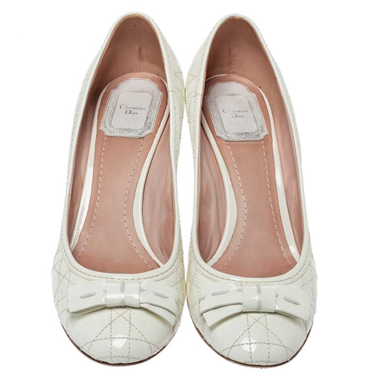 Pre Owned Dior White Cannage Patent Leather Bow Pumps Size 38