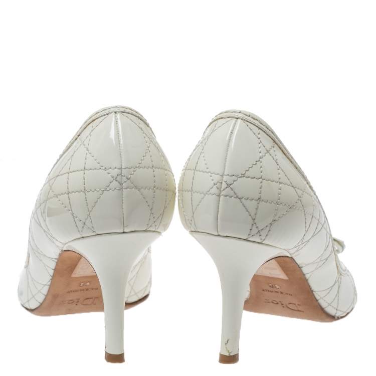 Pre Owned Dior White Cannage Patent Leather Bow Pumps Size 38