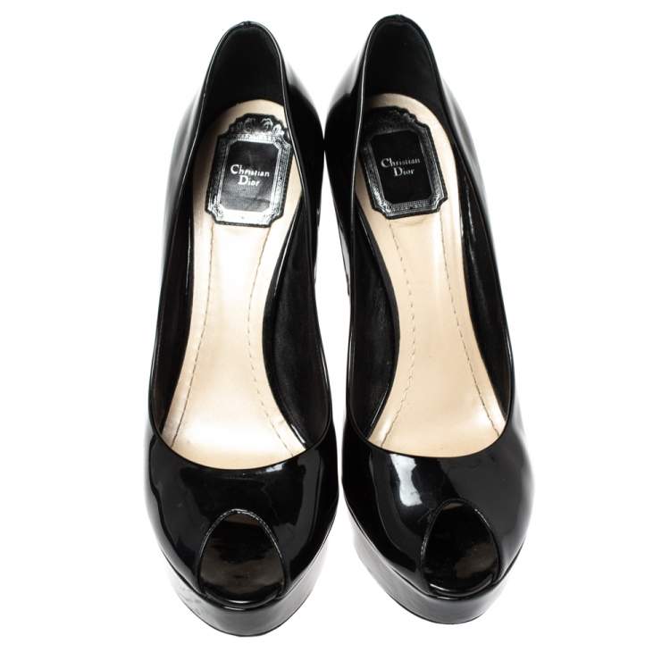 Pre Owned Dior Black Patent Leather Peep Toe Cannage Heel Platform Pumps Size 40