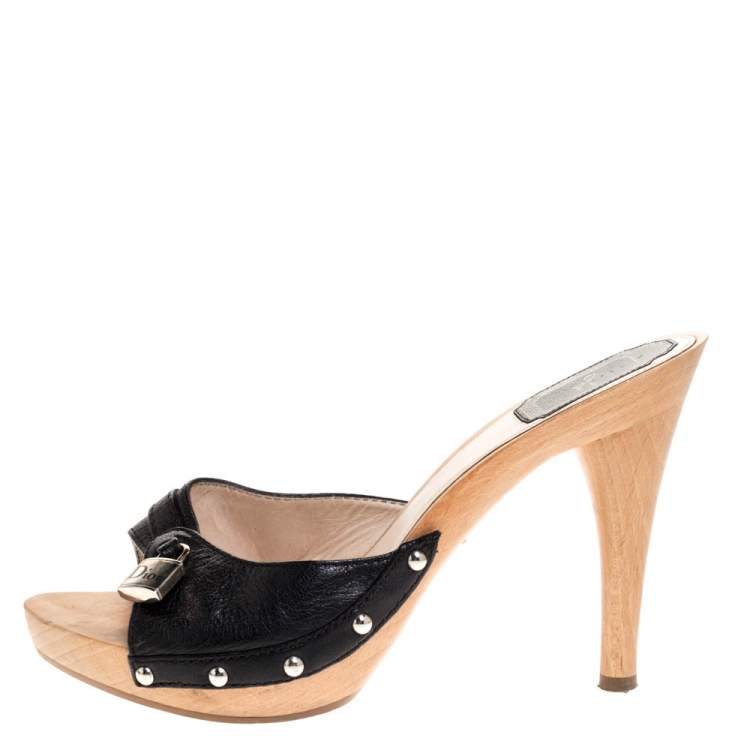 مملوكة مسبقًا Dior Black Leather Lock Wooden Clog Slide Sandals Size 38.5