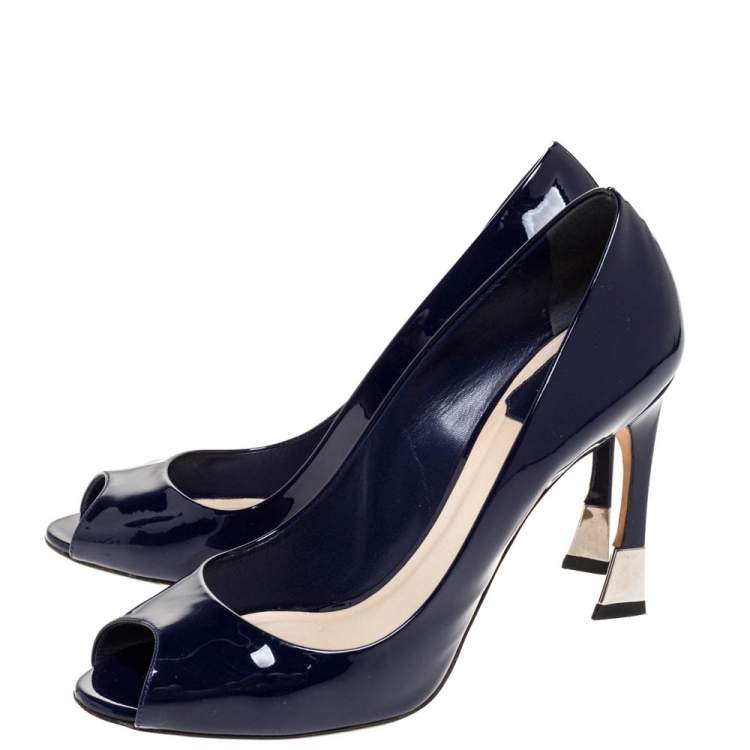 Pre Owned Dior Midnight Blue Patent Leather Diorella Peep Toe Pumps Size 40