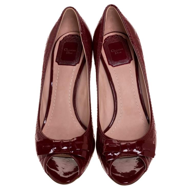 Pre Owned Dior Red Cannage Patent Leather Bow Peep Toe Pumps Size 38