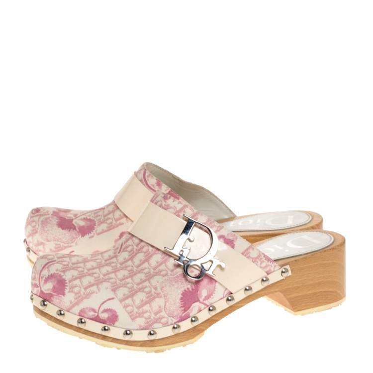 Pre Owned Dior Pink/White Diorissimo Canvas And Patent Leather Trim Clog Mules Size 37