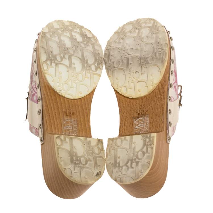 Pre Owned Dior Pink/White Diorissimo Canvas And Patent Leather Trim Clog Mules Size 37