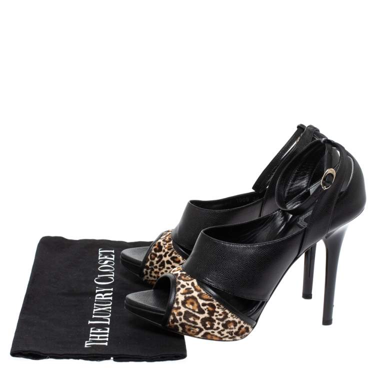 Pre Owned Dior Leopard Print Pony Hair And Black Lizard Embossed Leather Ankle Strap Pumps Size 38