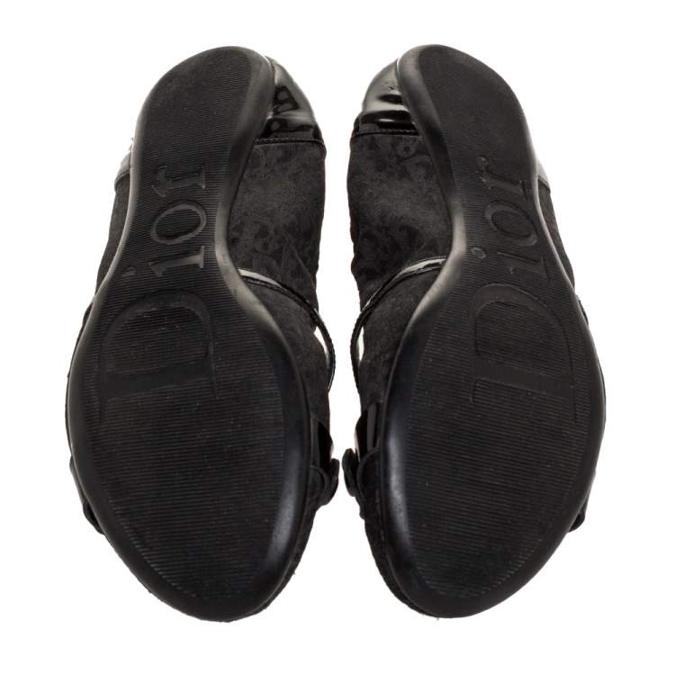 Pre Owned Dior Black Oblique Canvas and Patent Leather Mary Jane Scrunch Ballet Flats Size 38