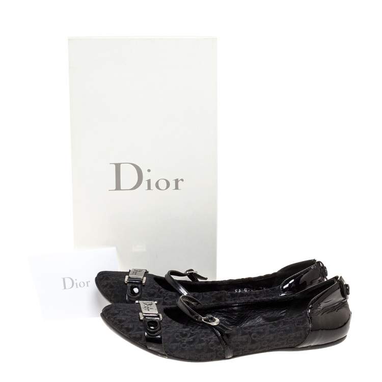 Pre Owned Dior Black Oblique Canvas and Patent Leather Mary Jane Scrunch Ballet Flats Size 38