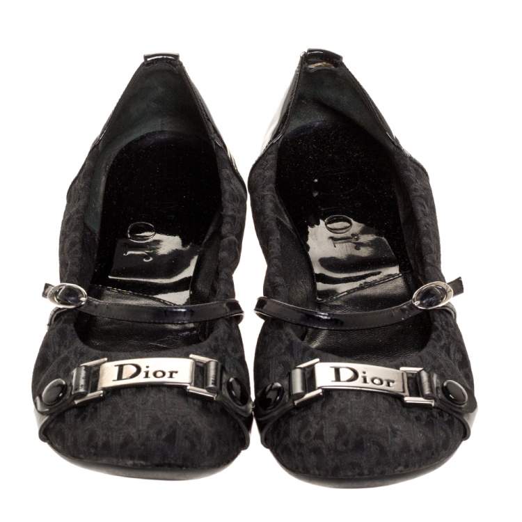 Pre Owned Dior Black Oblique Canvas and Patent Leather Mary Jane Scrunch Ballet Flats Size 38