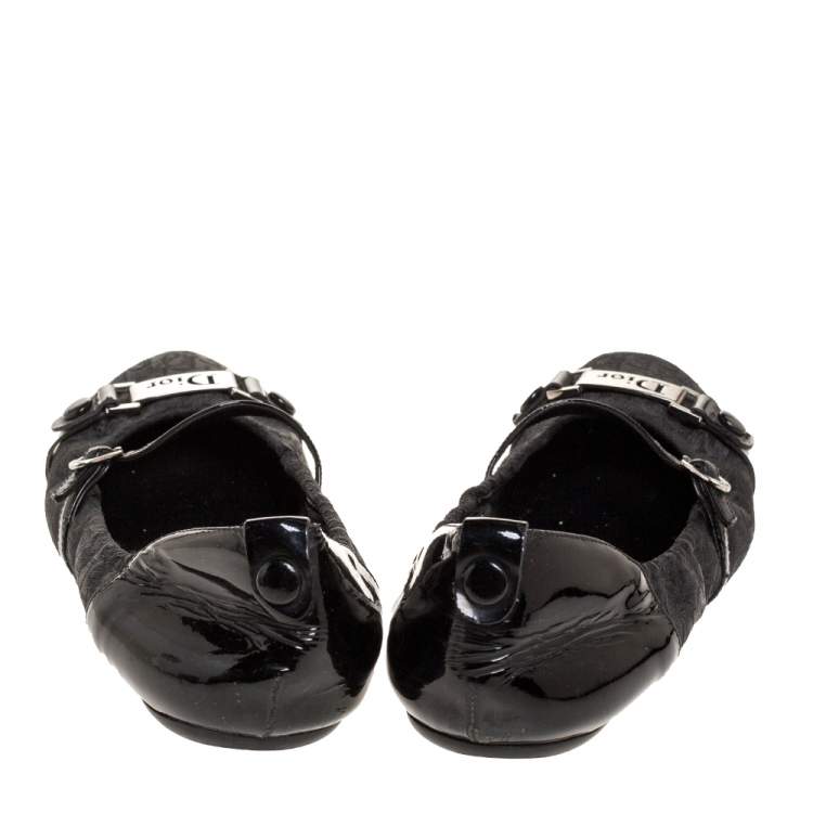 Pre Owned Dior Black Oblique Canvas and Patent Leather Mary Jane Scrunch Ballet Flats Size 38