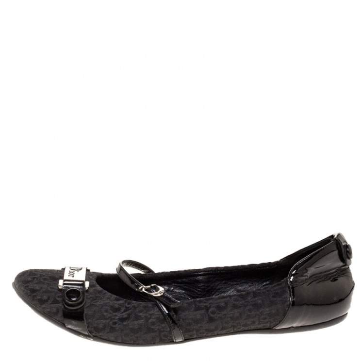 Pre Owned Dior Black Oblique Canvas and Patent Leather Mary Jane Scrunch Ballet Flats Size 38