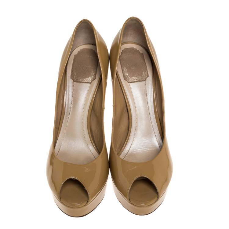 Pre Owned Dior Beige Patent Cannage Heel Peep Toe Platform Pumps Size 40.5