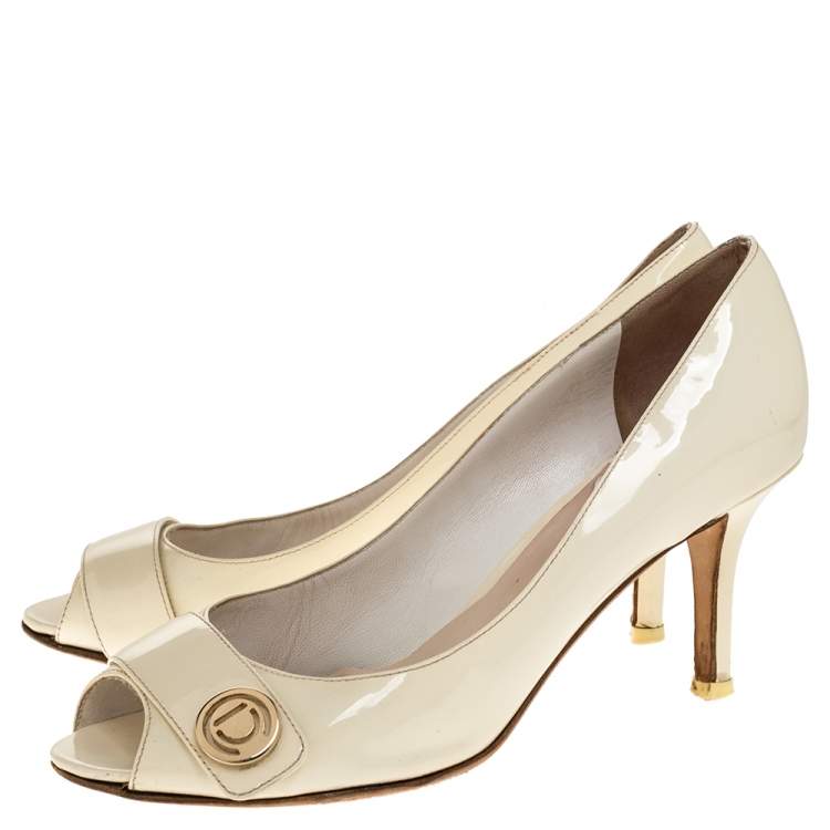 Pre Owned Dior White Patent Leather Peep Toe Pumps Size 37.5
