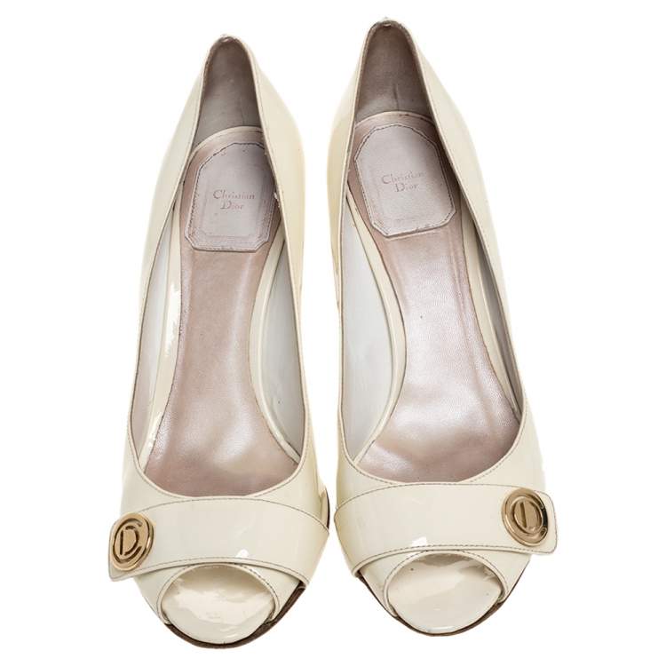 Pre Owned Dior White Patent Leather Peep Toe Pumps Size 37.5