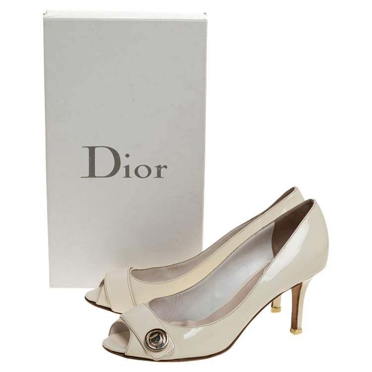 Pre Owned Dior White Patent Leather Peep Toe Pumps Size 37.5