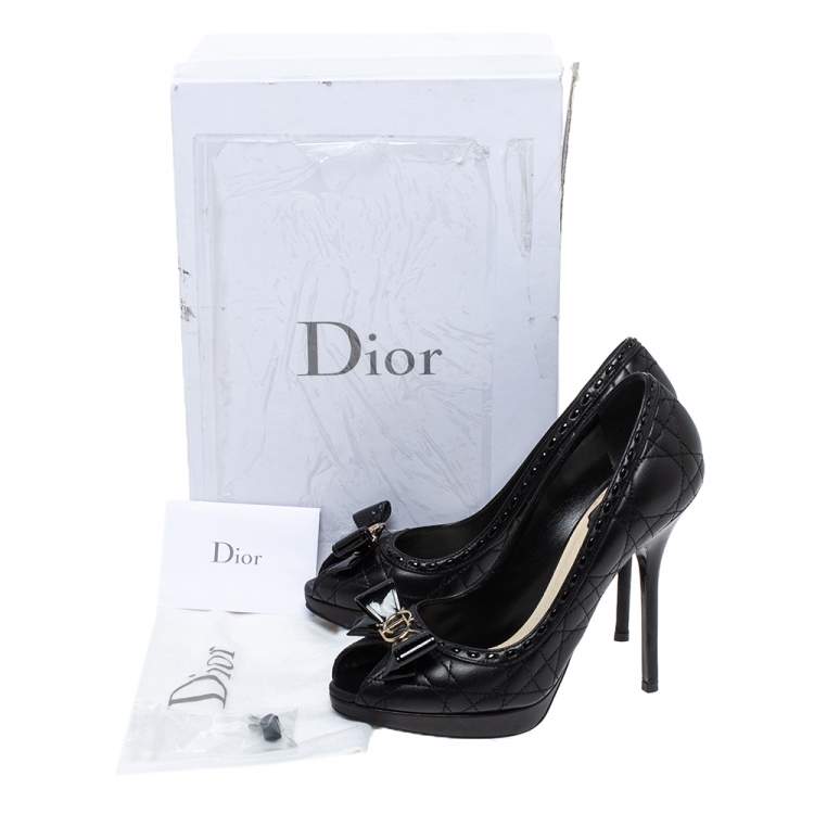 Pre Owned Dior Black Quilted Leather Bow Peep Toe Platform Pumps Size 36.5 